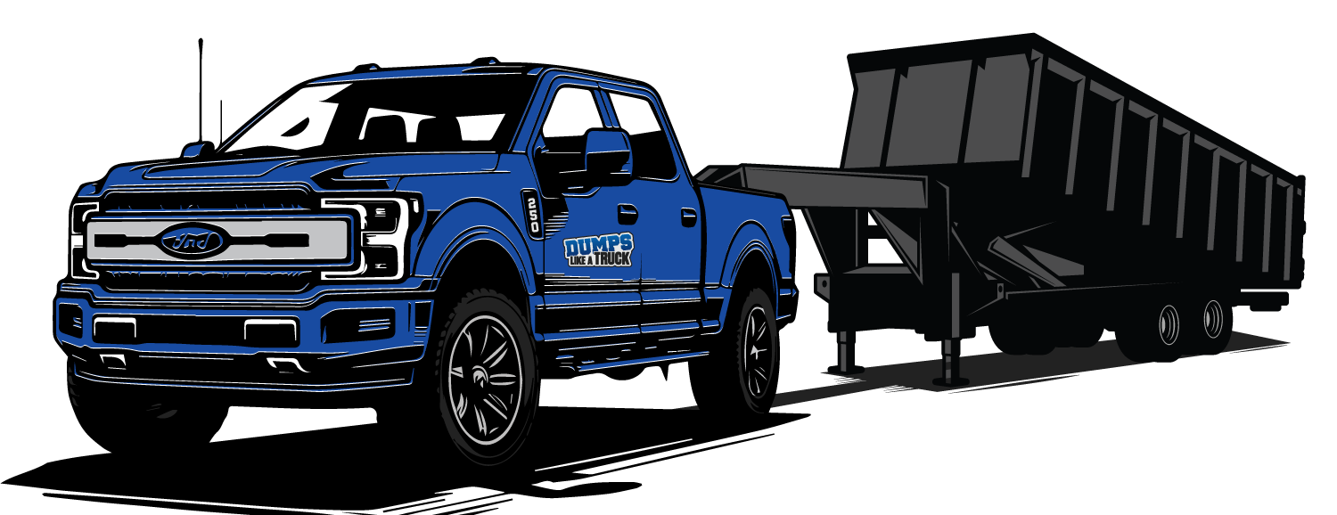 Dumps Like A Truck blue Ford truck towing a roll-off dump trailer